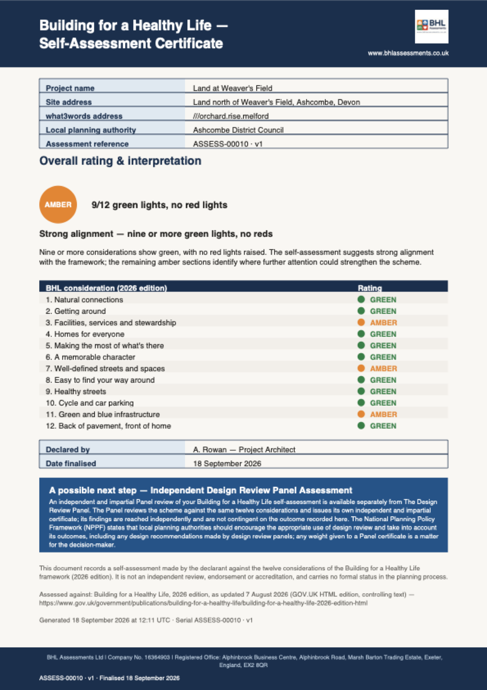 A complete example Self-Assessment Certificate: title, date, declarant, the position across the twelve considerations, the interpretation, the standing disclaimer and the footer.